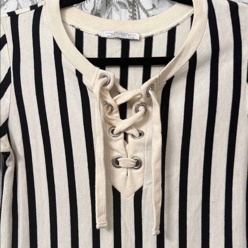 Zara Black and Cream Striped Mini Dress - Picture 3 of 5